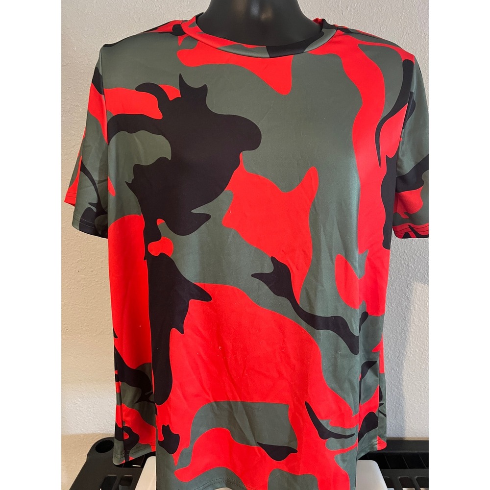 Unbranded Camo T-Shirt Mens XL Red Green Excellent Short Sleeve Stretch Tee